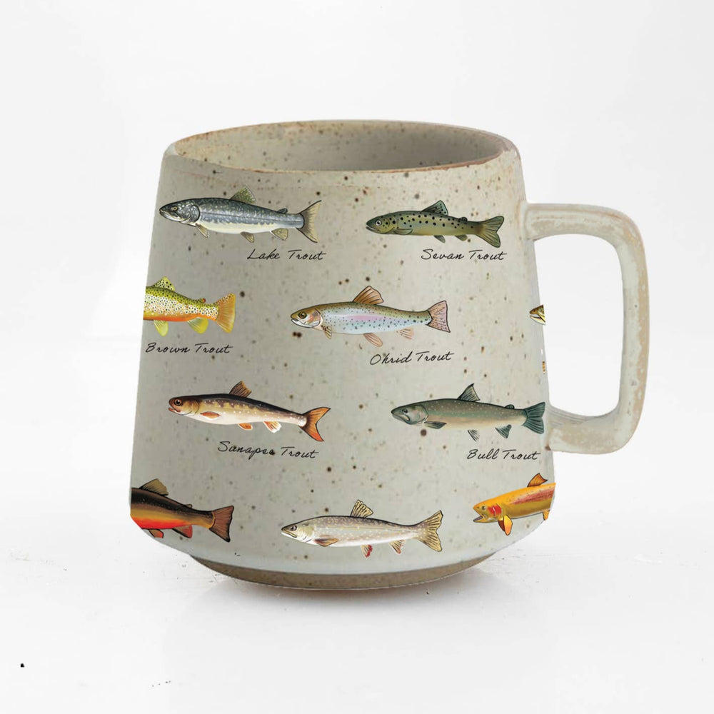 This expertly crafted mug highlights a range of different trout species, capturing the essence of nature within your own kitchen. With precise depictions of the vibrant colors of the Brook Trout and the unique markings of the Rainbow Trout, each design skillfully showcases the beauty of these beloved fish.&nbsp;