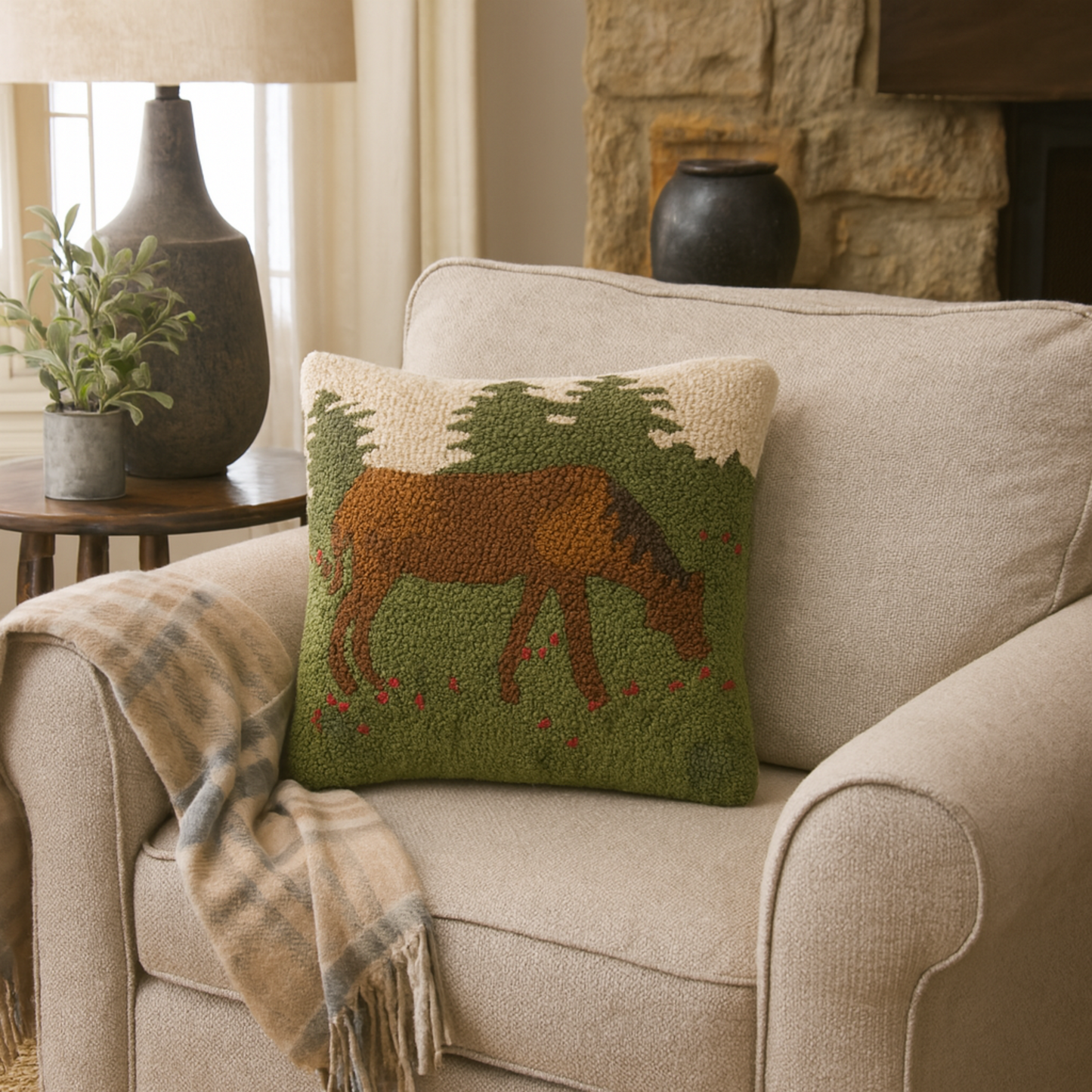Decorative pillow with a horse design on a beige armchair in a cozy living room.