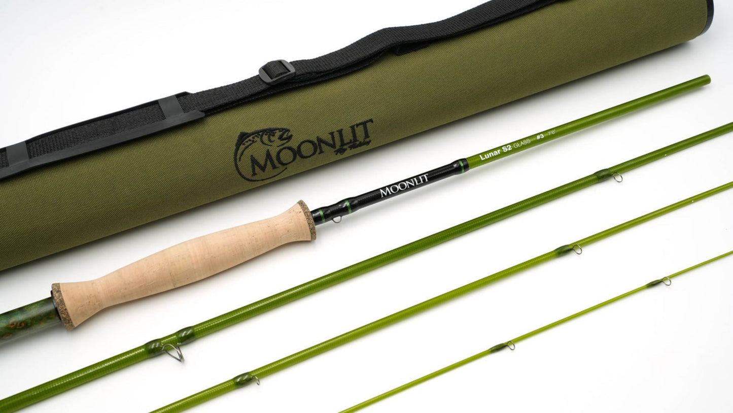 Fishing rod with green handles and black components, accompanied by a green carrying case featuring 'MOONUT' branding.