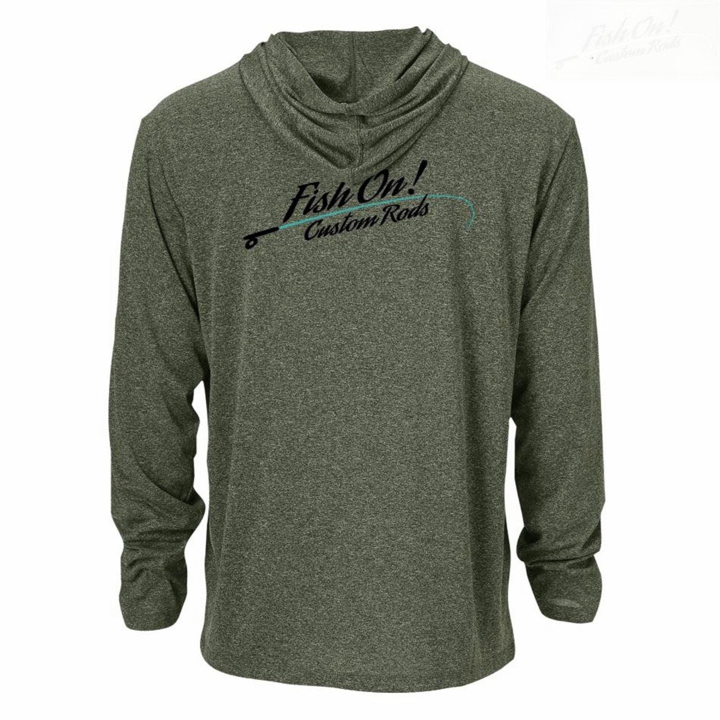 Gray long-sleeve shirt with 'Fish On! Custom Rods' text on a white background