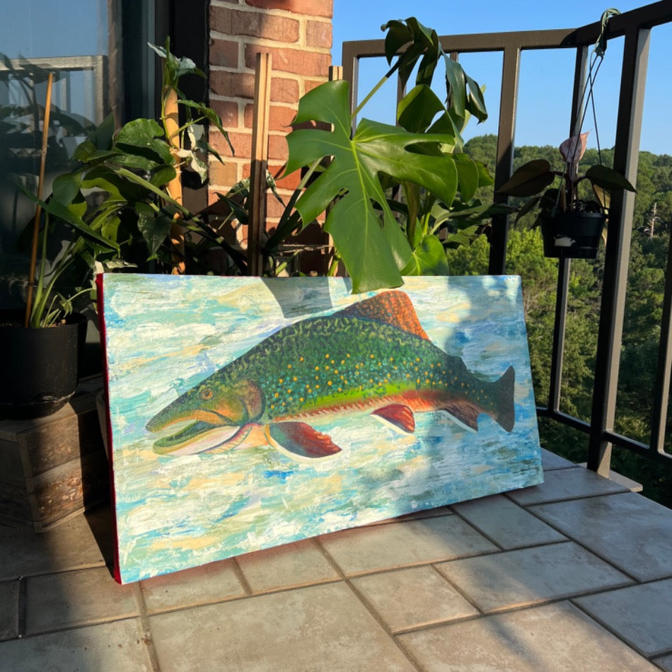 
                  
                    Art Bio: The Brook Trout. This work combines textures and techniques of acrylic painting to create a trout enveloped in an abstracted water space. The use of glazing creates a glow within the colors of the brook trout. All together the colors and techniques in this piece display the natural beauty of the brook trout.
                  
                