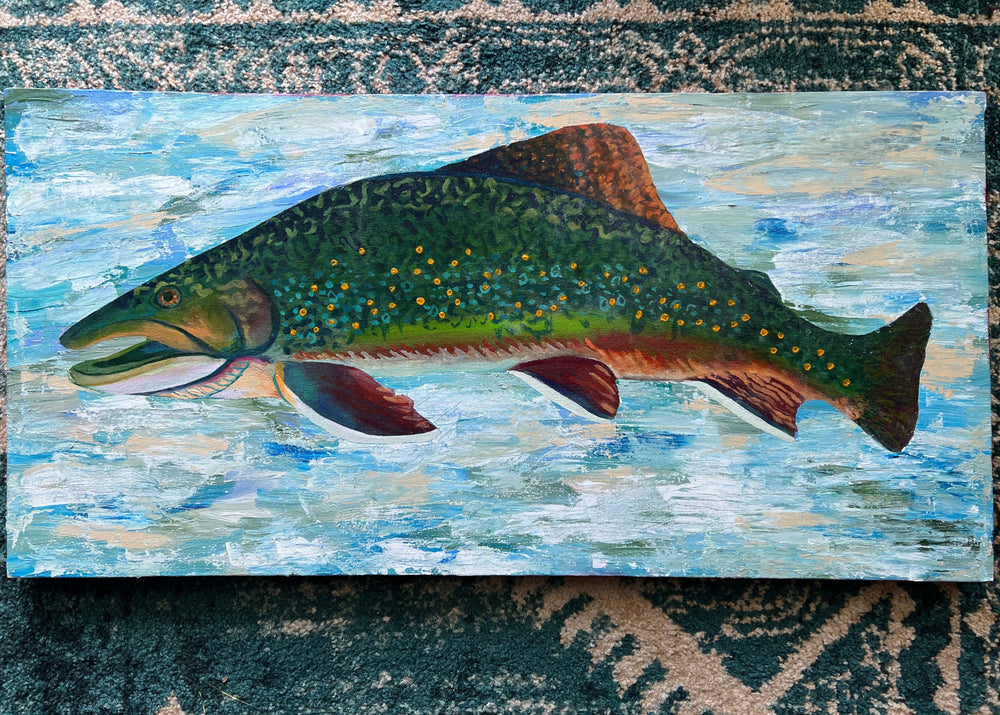 Art Bio: The Brook Trout. This work combines textures and techniques of acrylic painting to create a trout enveloped in an abstracted water space. The use of glazing creates a glow within the colors of the brook trout. All together the colors and techniques in this piece display the natural beauty of the brook trout.