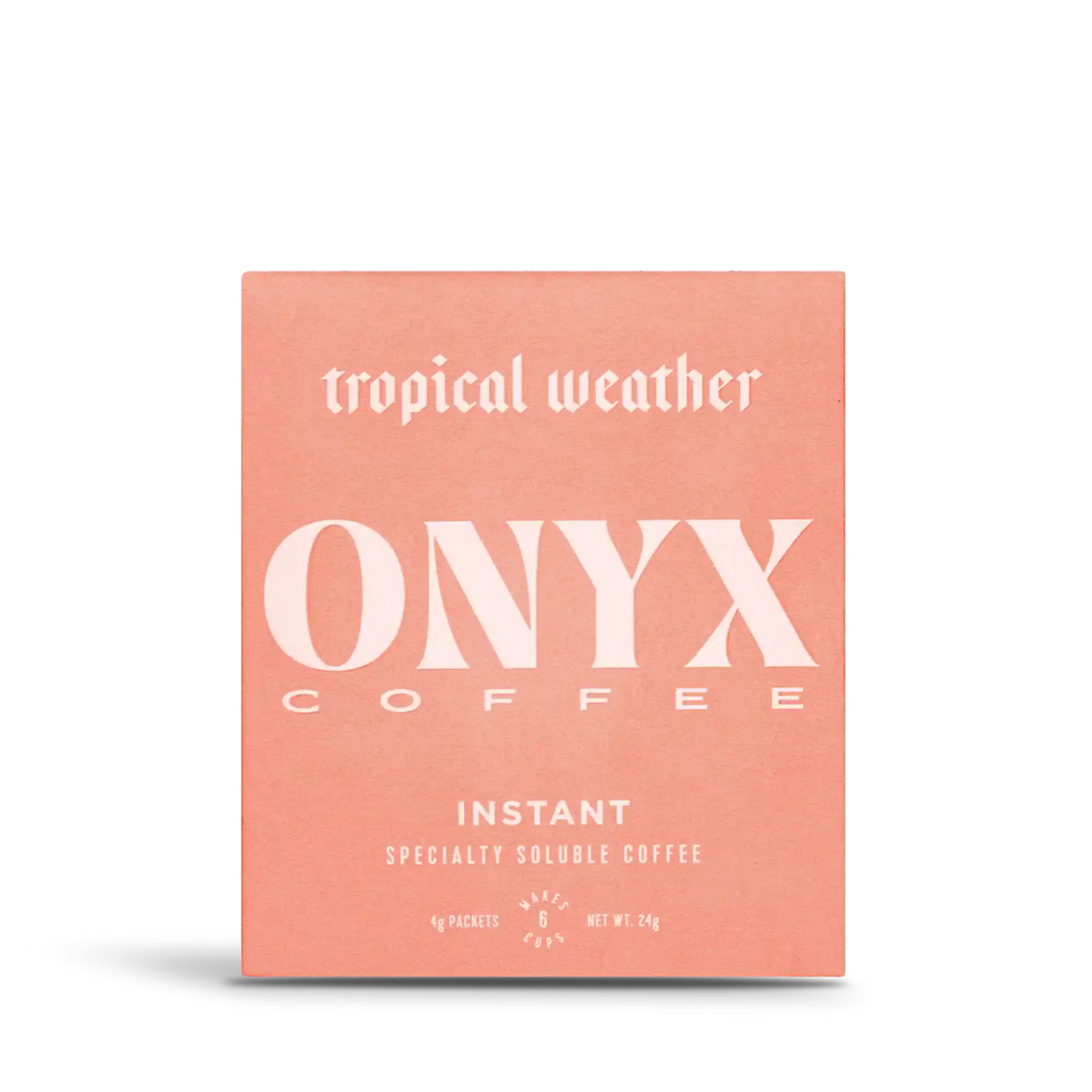 Tropical Weather Instant Coffee captures the vibrant essence of Ethiopian coffee in a convenient soluble form. This process blend combines washed coffee, bringing delicate florals and juicy texture, with a natural processed coffee that enhances fruit notes and fruit-forward sweetness.

This is available in a pack of six pre-portioned bags of soluble coffee, which will readily dissolve into hot water or your preferred milk product.
