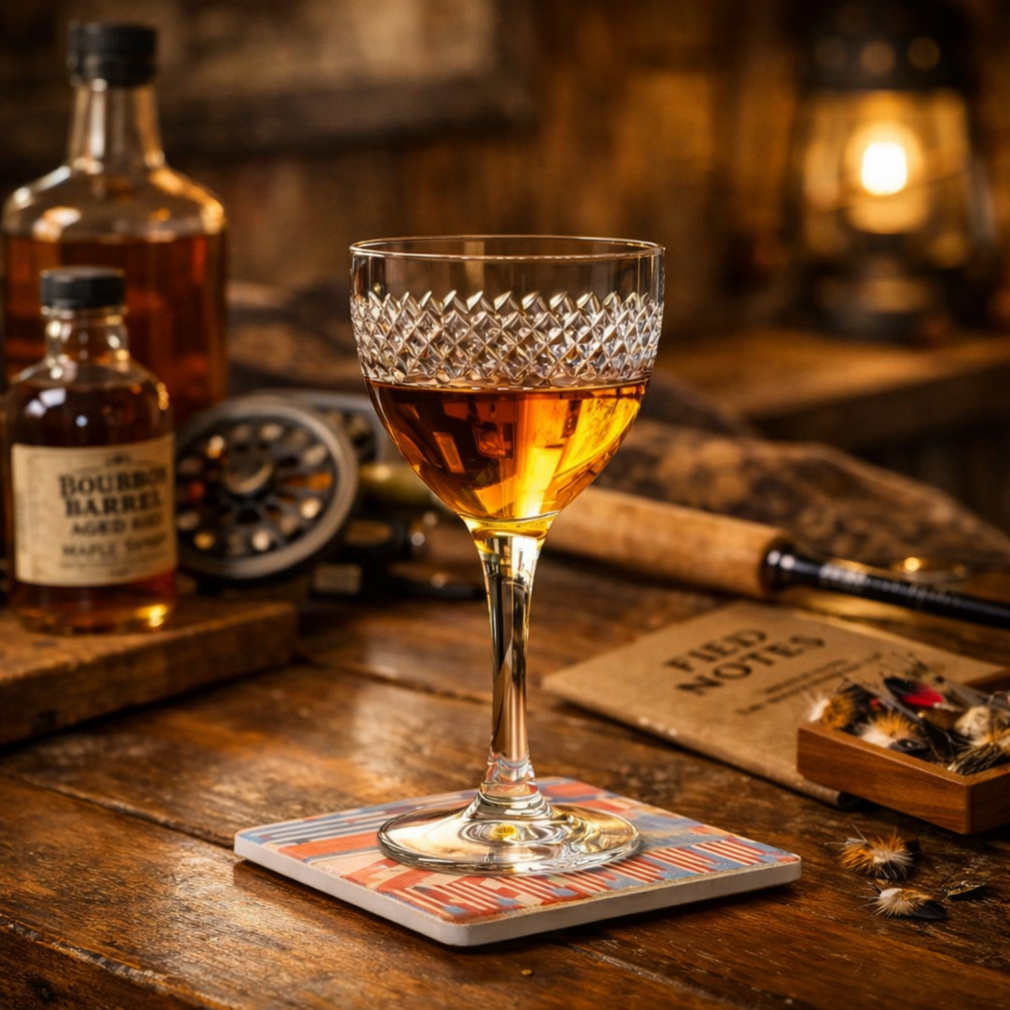 Diamond Nic & Nora cocktail glass with amber spirit, cut-crystal pattern detaiL