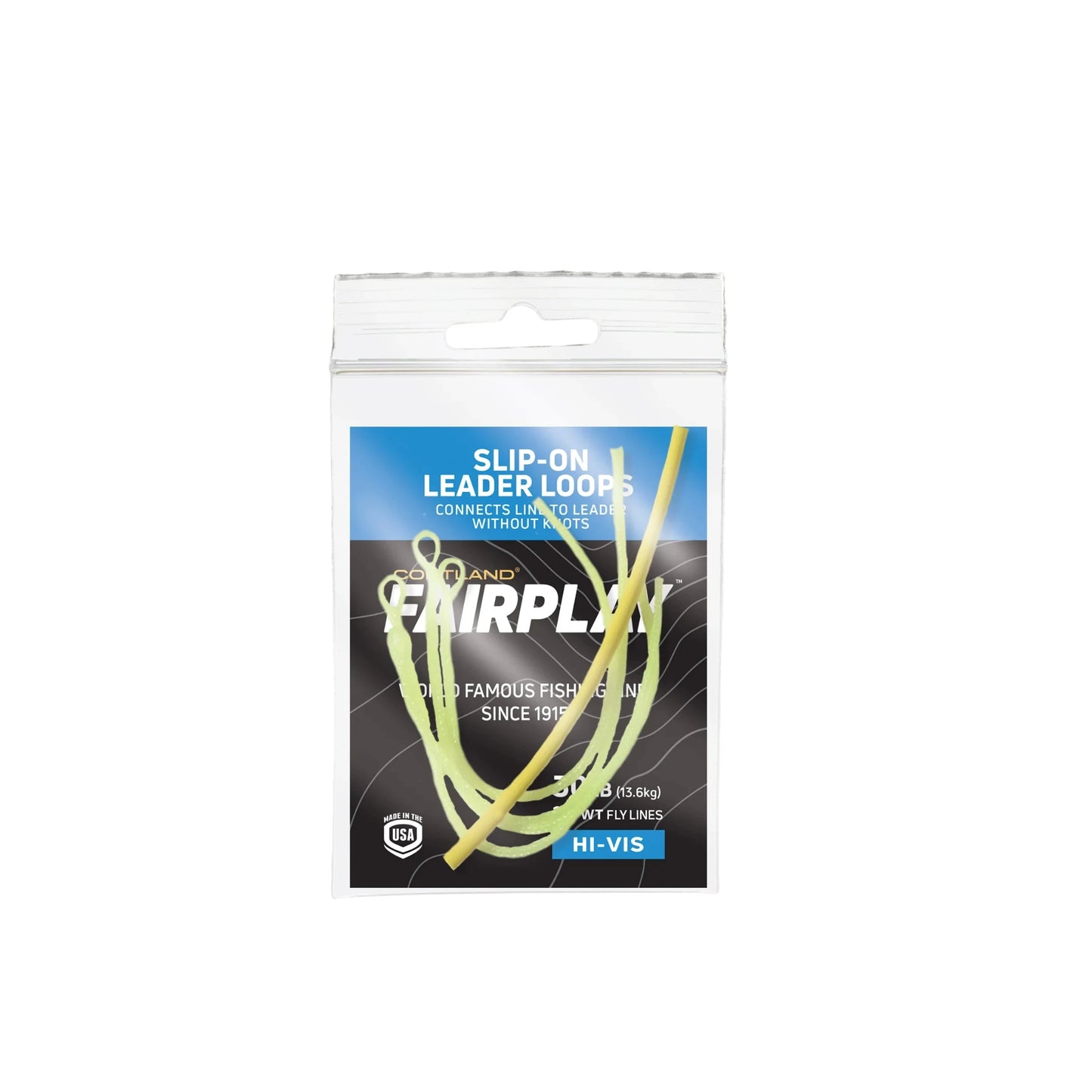 Packaged slip-on leader loops with visible branding on a white background