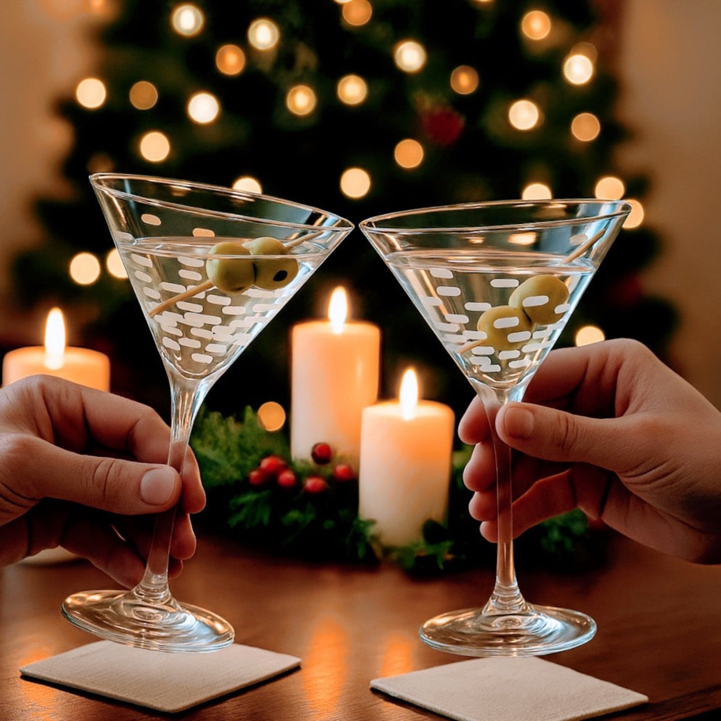 Two martini glasses with olive skewers held by hands in front of a Christmas tree with lights.