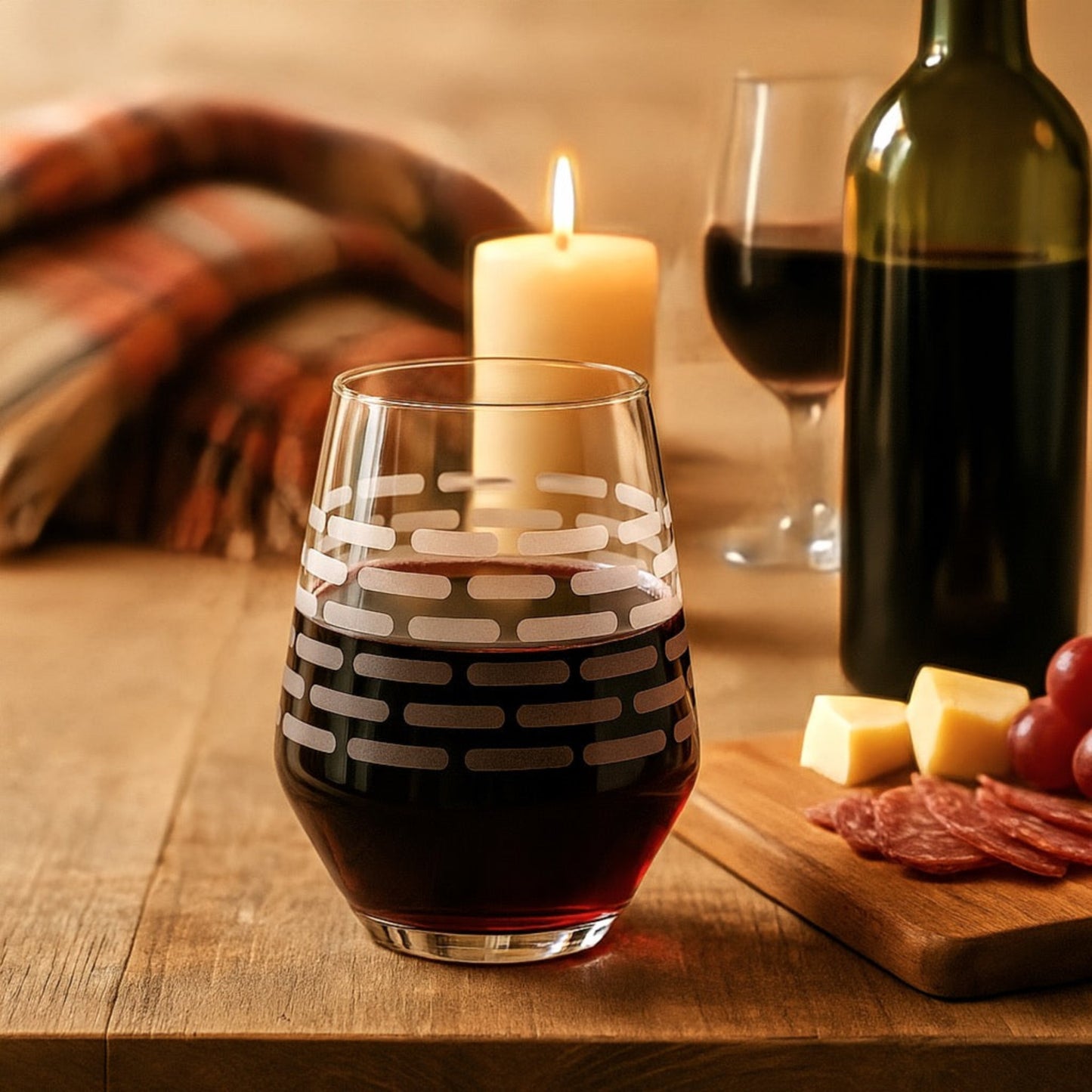 Wine glass with red wine on a wooden table with a candle, cheese, and grapes.