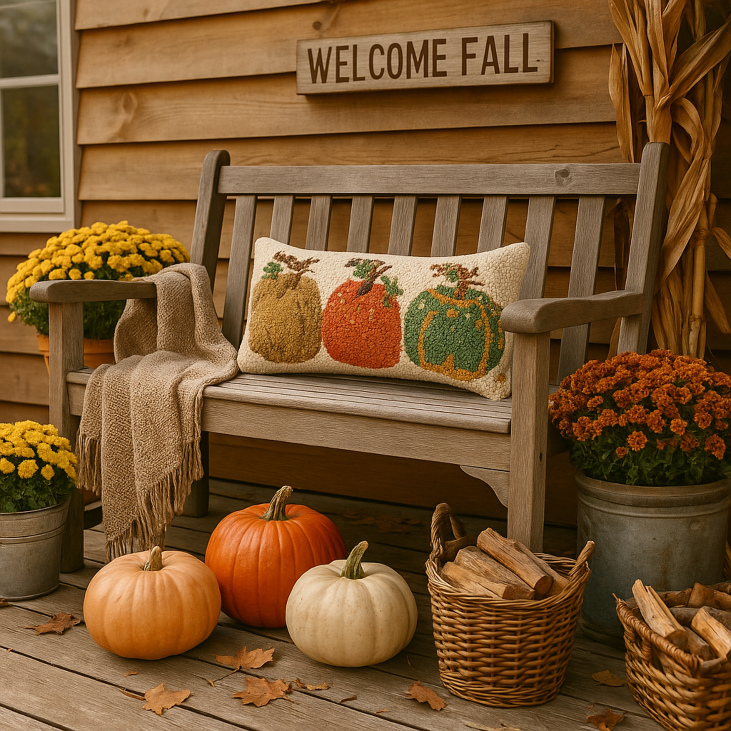 Wooden bench with a 'Welcome Fall' sign, pumpkins, and potted flowers on a wooden deck.