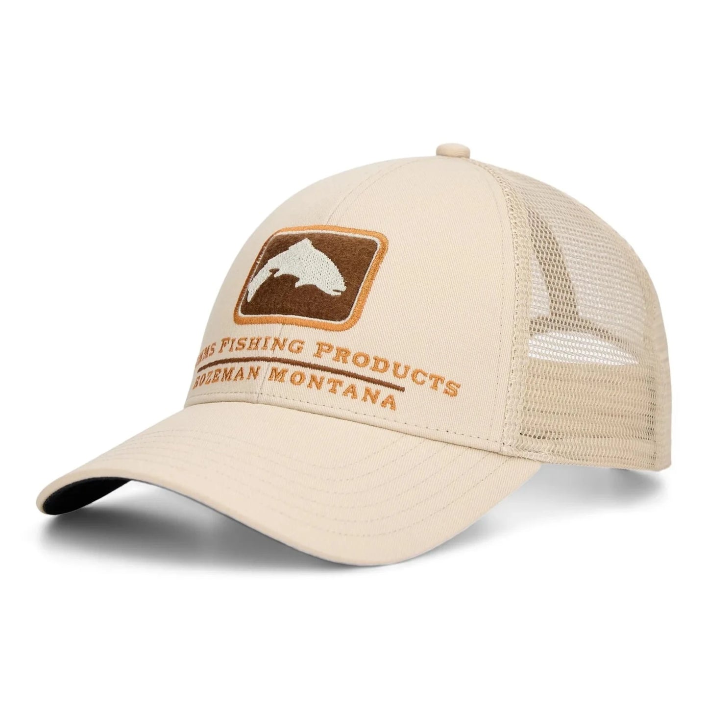 Beige trucker hat with logo and text on a white background