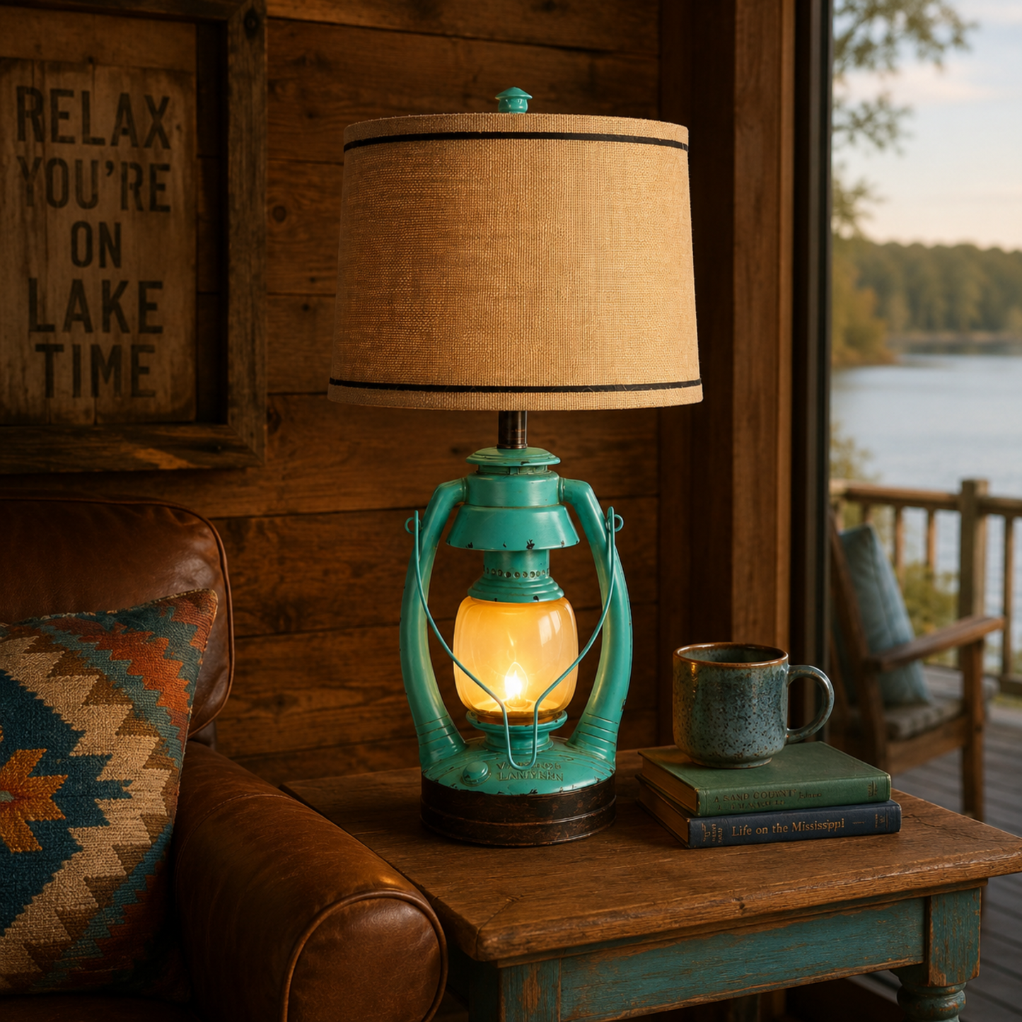 A teal lantern-style table lamp with a warm glowing bulb and a beige fabric drum shade sits on a rustic wooden table in a cabin setting. A mug and books are beside it, with a leather chair and a window view of water and trees in the background.