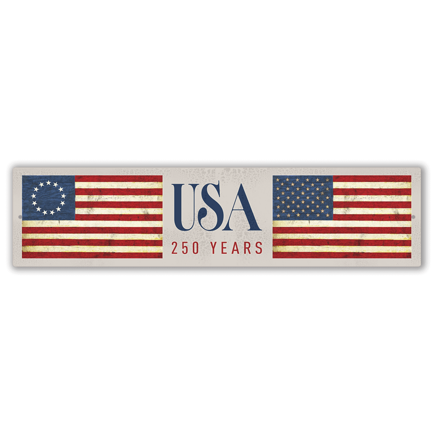 Decorative sign with American flags and 'USA 250 Years' text on a black background