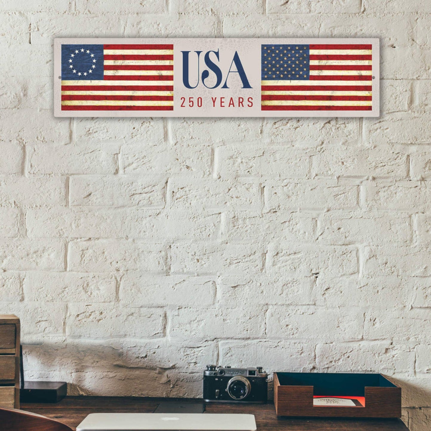 USA 250 Years – Patriotic Anniversary Flag - Wall Decor | Aluminum / 24" x 6" 
