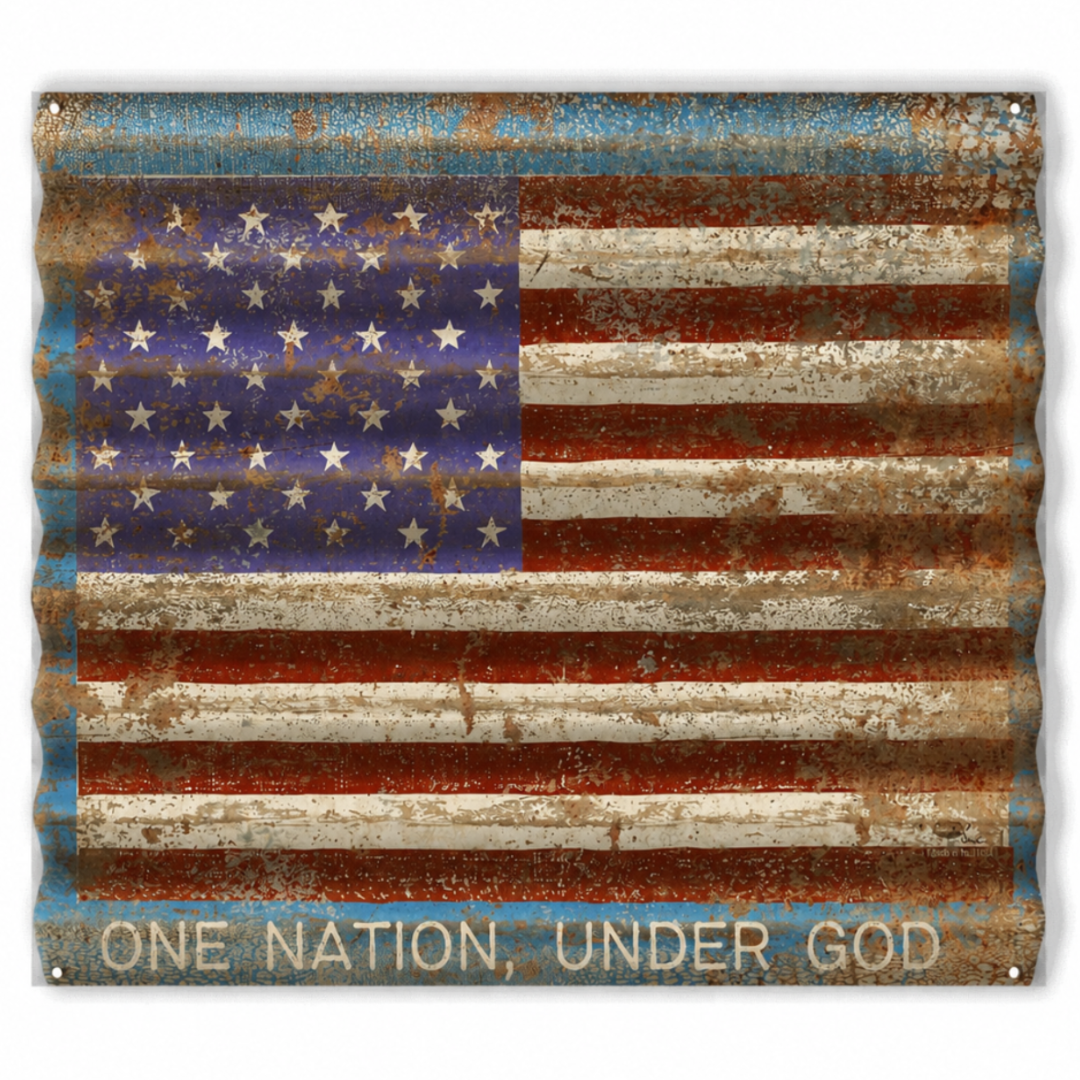 Rustic American flag with 'One Nation, Under God' text on a white background