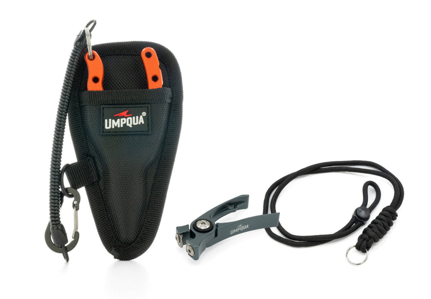 Umpqua fishing reel with black and orange handle on a white background