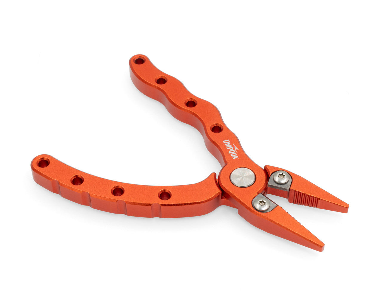 Orange pliers with a silver screw on a white background