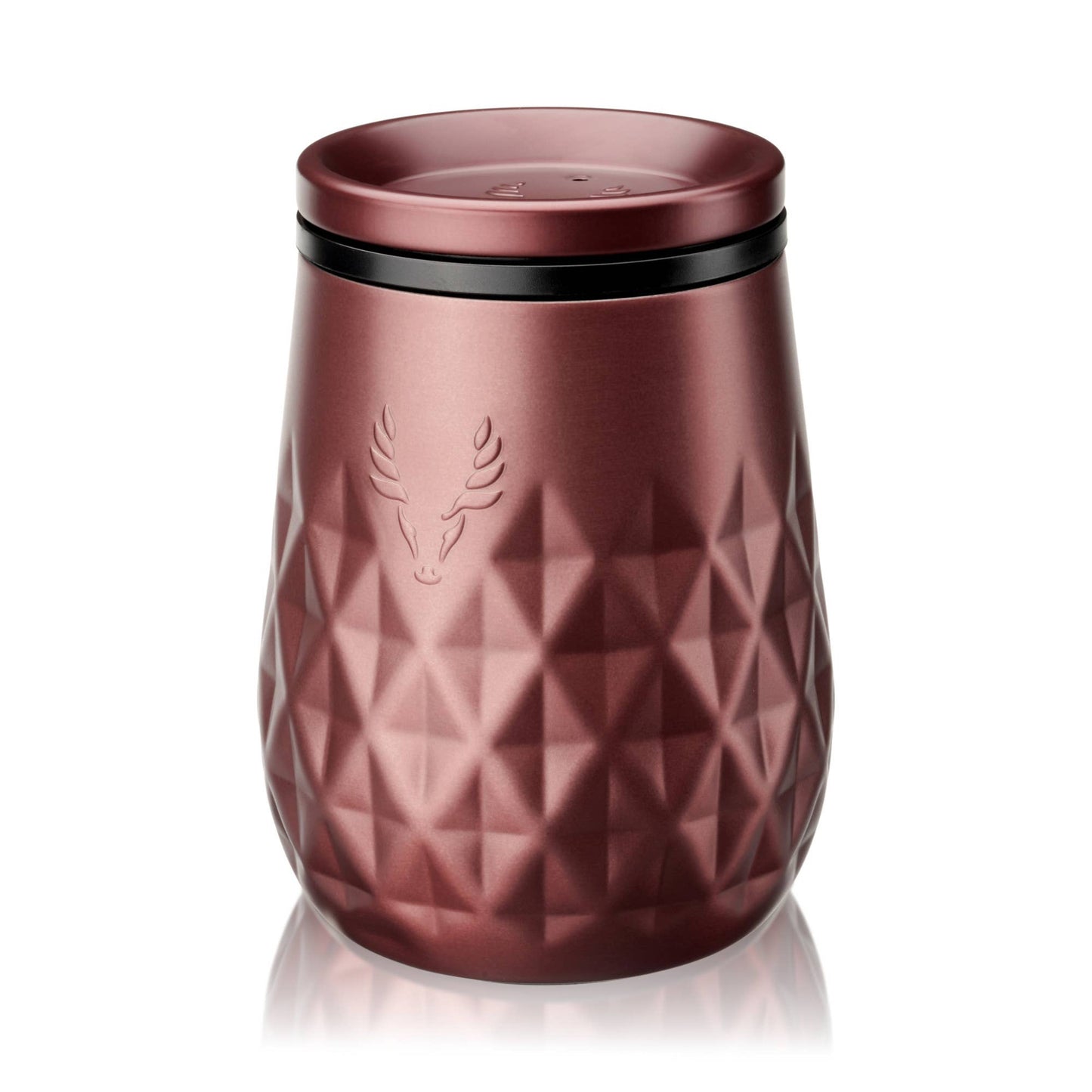 Rose gold textured tumbler with a black band on a white background