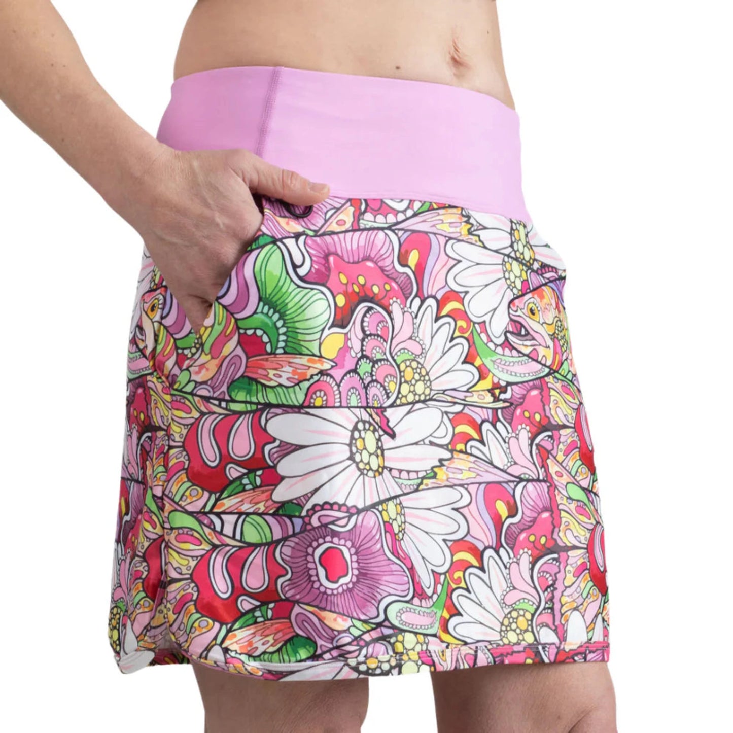 REDtro Salmon Skort lifestyle view - women's outdoor skort with anti-microbial built-in shorts for active wear comfort