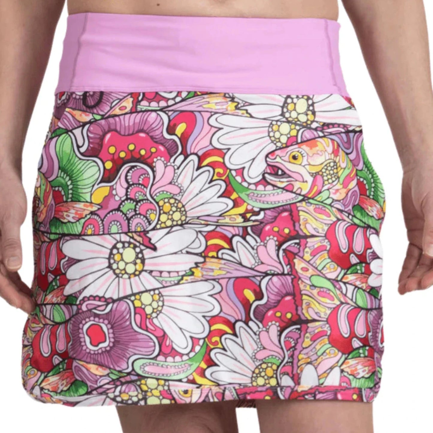 REDtro Salmon Skort side profile - showcasing 4-way stretch fabric and athletic cut perfect for fishing and outdoor adventures