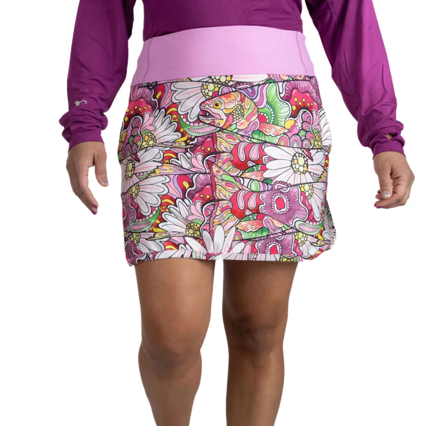 REDtro Salmon Skort detail shot - close-up of hidden forcep loop and functional pocket design for fishing gear storage