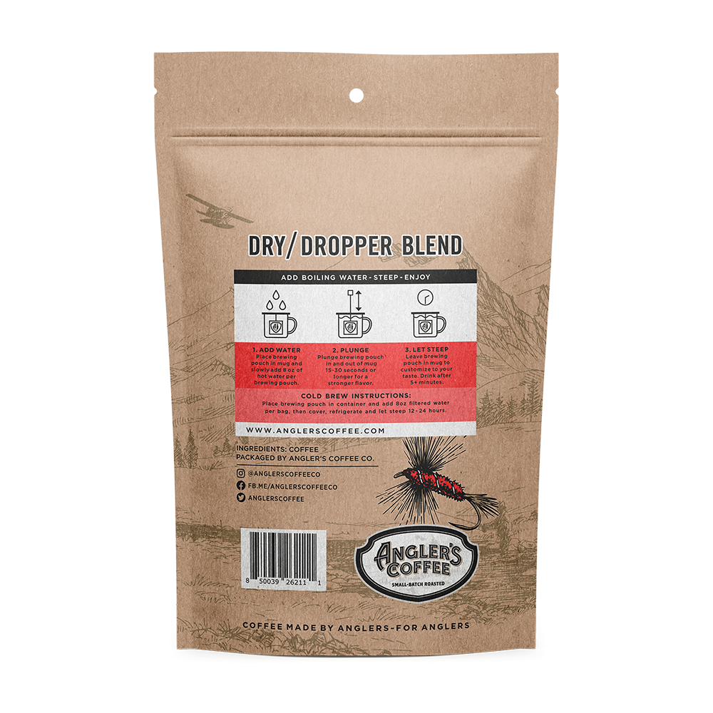 Angler's Coffee - Dry Dropper Single Serve - Fresh Brew Coffee Pouch - Fish On! Custom Rods