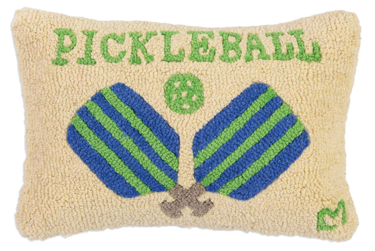 Pickleball-themed pillow with blue and green paddles and 'Pickleball' text on a beige background.