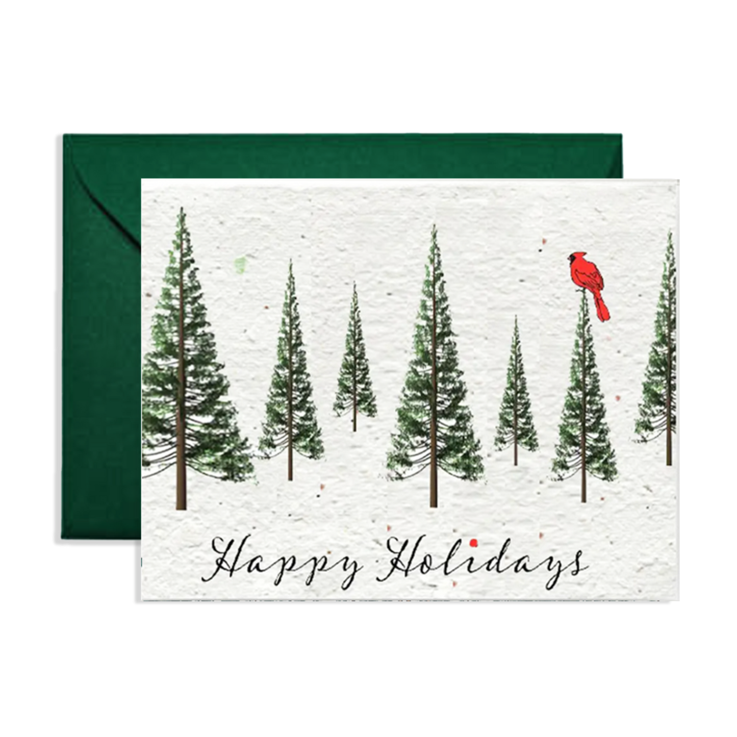 Christmas card with trees and 'Happy Holidays' text, green envelope