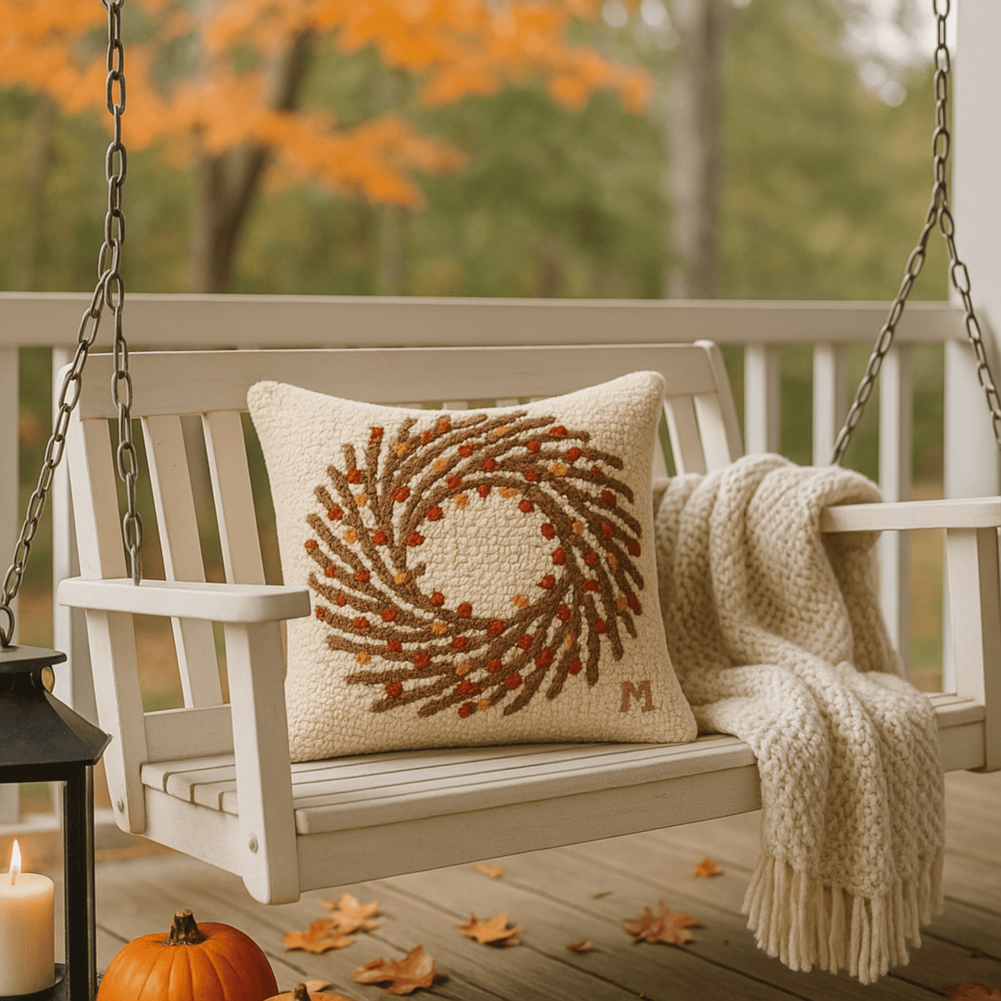 Bittersweet Wreath Pillow 14" X 14" Hand - Hooked Wool Pillow - Fish On! Custom Rods