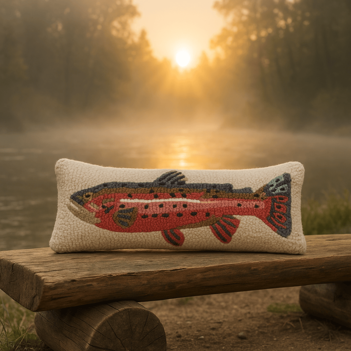 Bright Trout Hand - Hooked Wool Pillow - 8x24 Decorative Throw Pillow - Fish On! Custom Rods