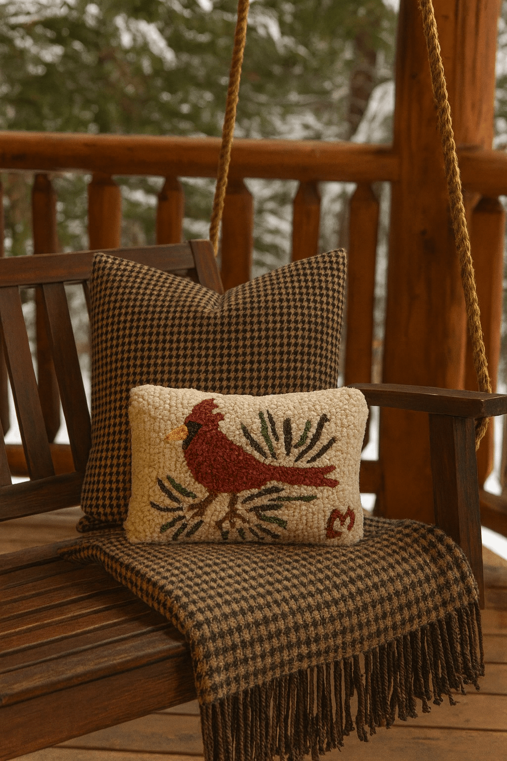 Cardinal Decorative Wool Pillow with Bird - 8x12 Hand - Hooked Home Décor - Fish On! Custom Rods