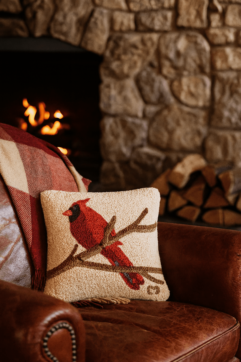 Cardinal on White Wool Throw Hand - Hooked Wool Pillow 14" x 14" - Fish On! Custom Rods