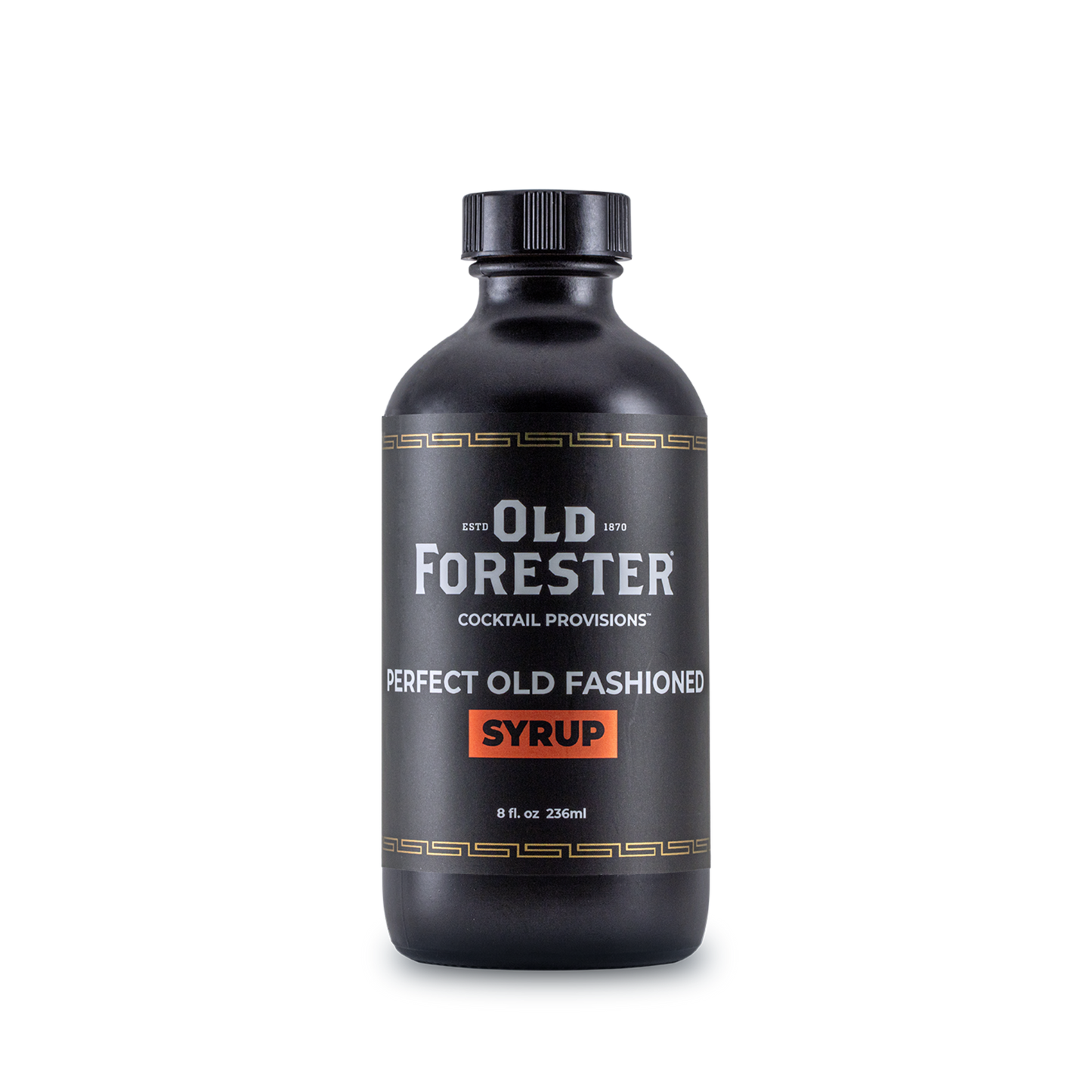 Black bottle of Old Forester Perfect Old Fashioned Syrup on a white background