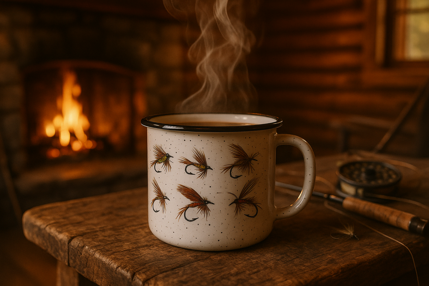 Cozy cabin scene with white enamel mug by fireplace