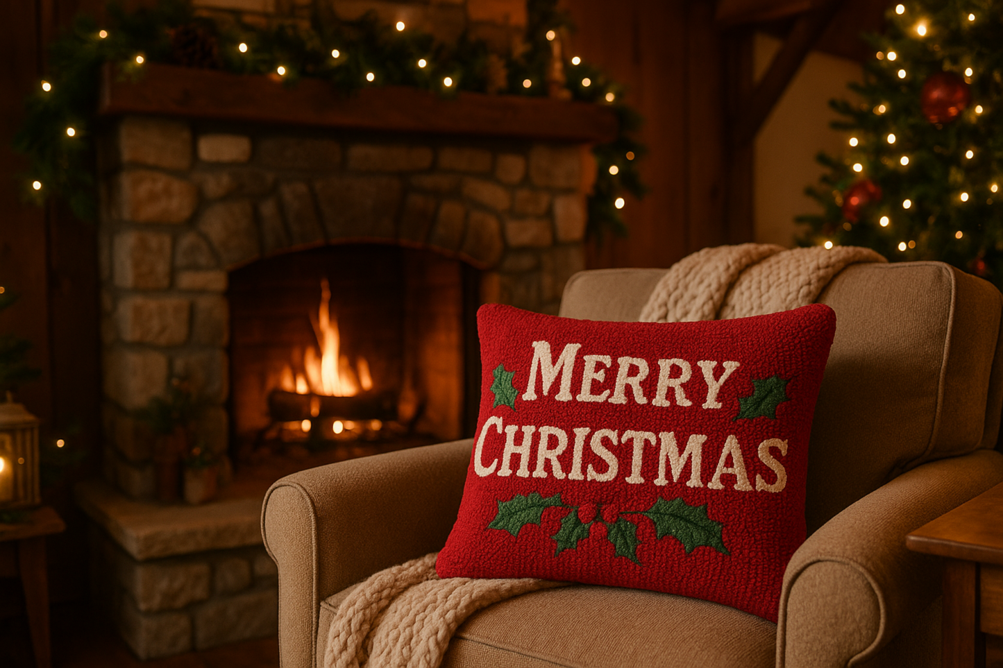 Cozy living room scene with a rustic stone fireplace and the Merry Christmas pillow displayed on a comfortable chair, creating a warm and inviting holiday atmosphere