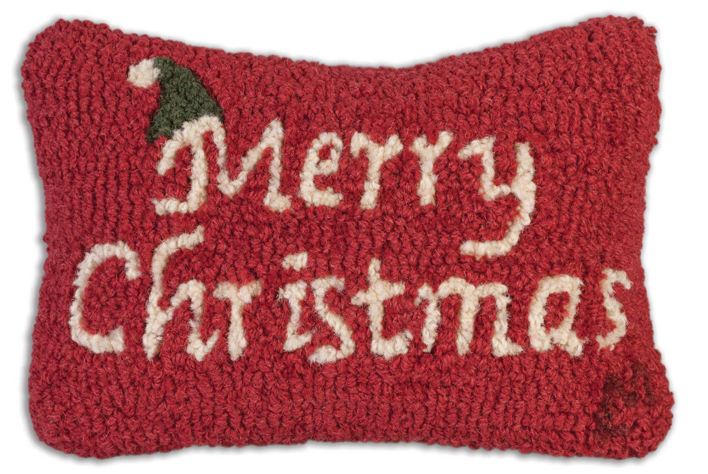 Red knitted pillow with 'Merry Christmas' text on a white background