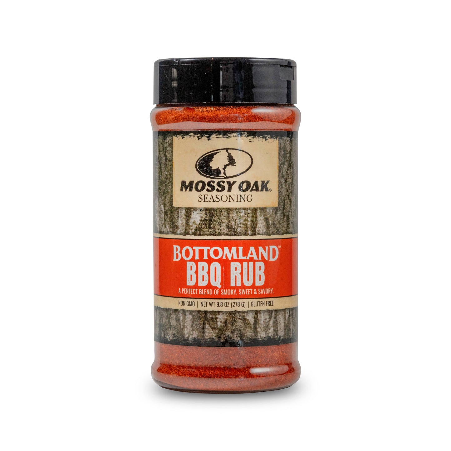 Mossy Oak Bottomland BBQ Rub seasoning container on a white background