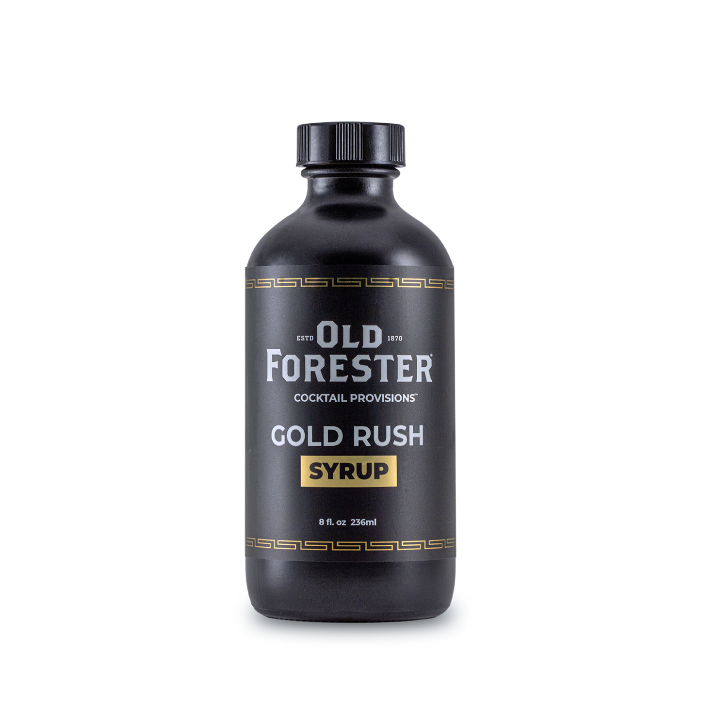 Black bottle of Old Forester Gold Rush Syrup on a white background