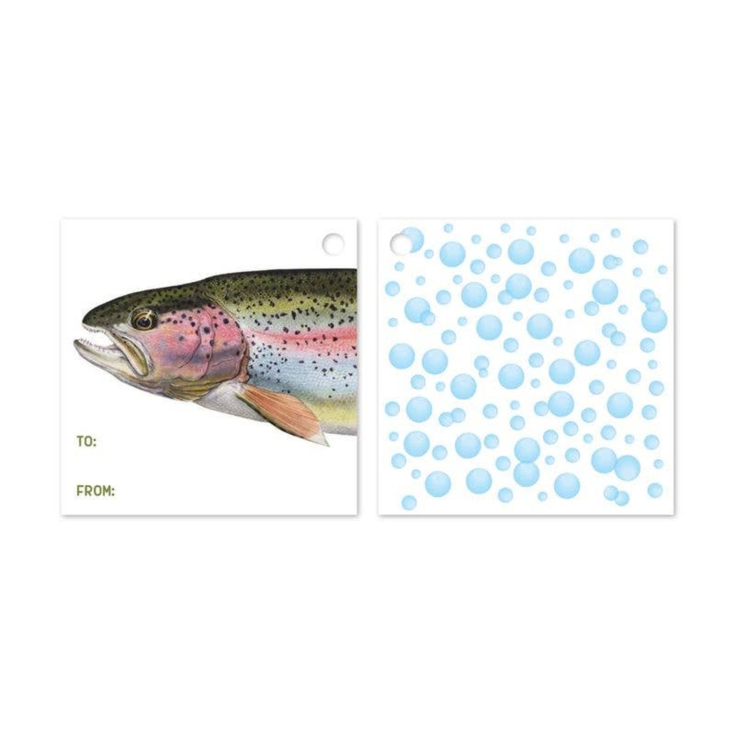 Gift card with fish illustration and blue bubbles on a white background