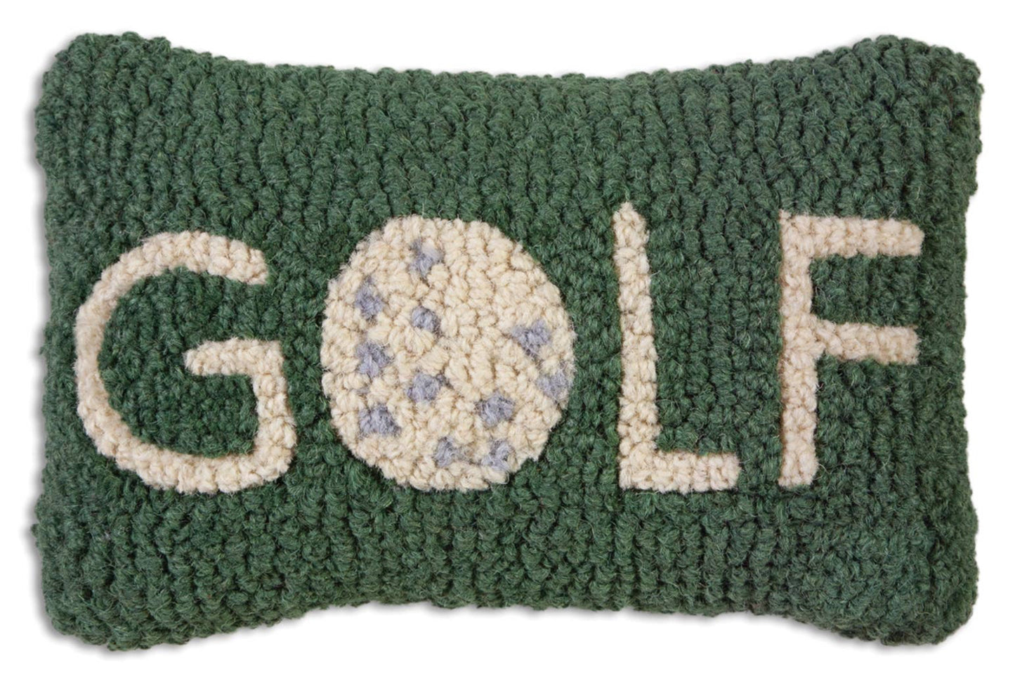 Decorative pillow with 'GOLF' text and a golf ball design on a green background