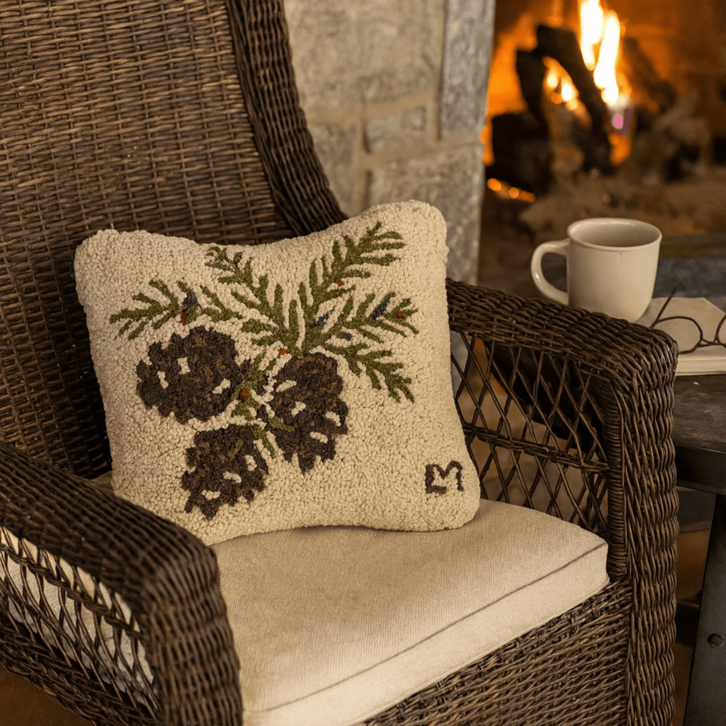 Fall Pinecone & Berries Hand - Hooked Wool Pillow - 14x14 - Fish On! Custom Rods