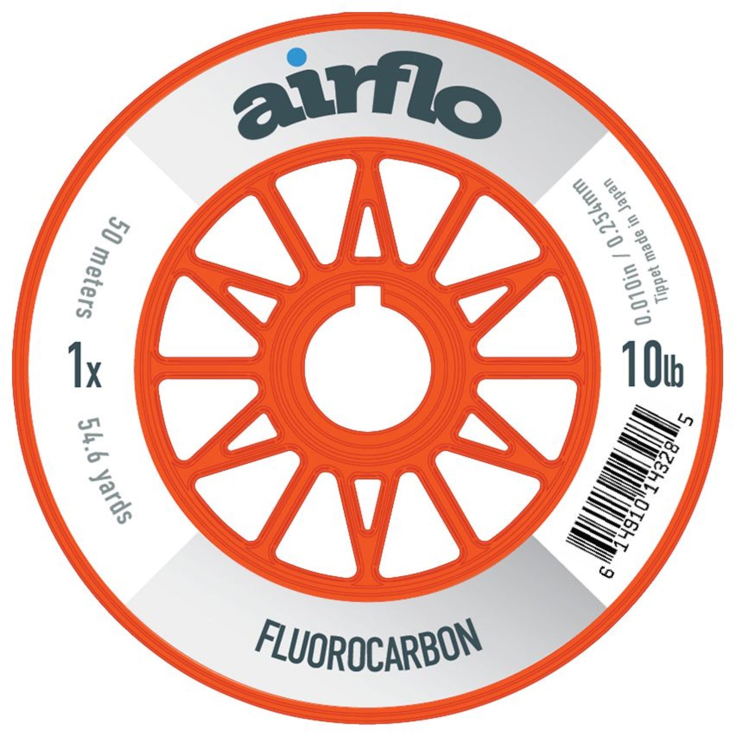 Orange spool of Airflo fluorocarbon fishing line on a white background