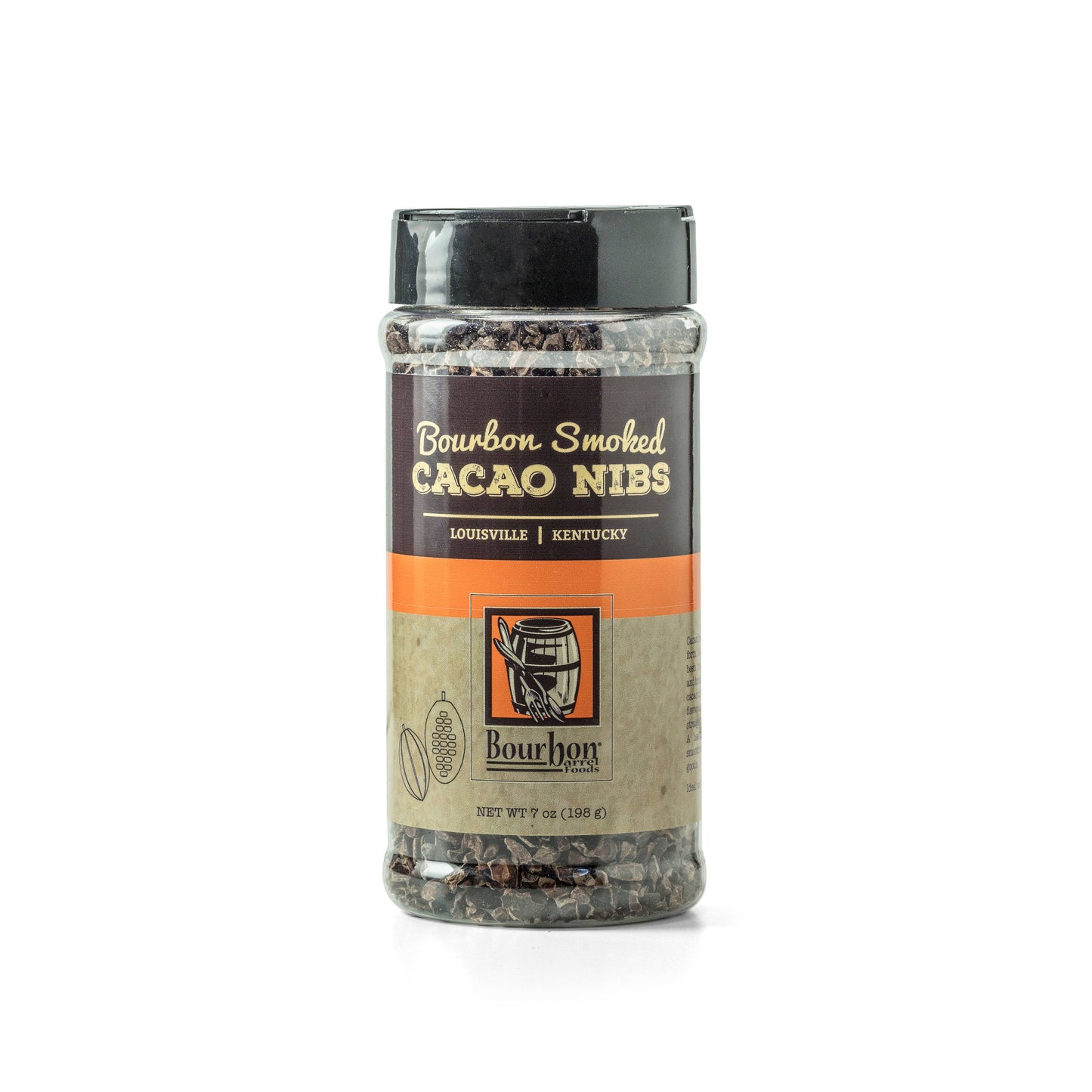 Bottle of bourbon smoked cacao nibs on a white background
