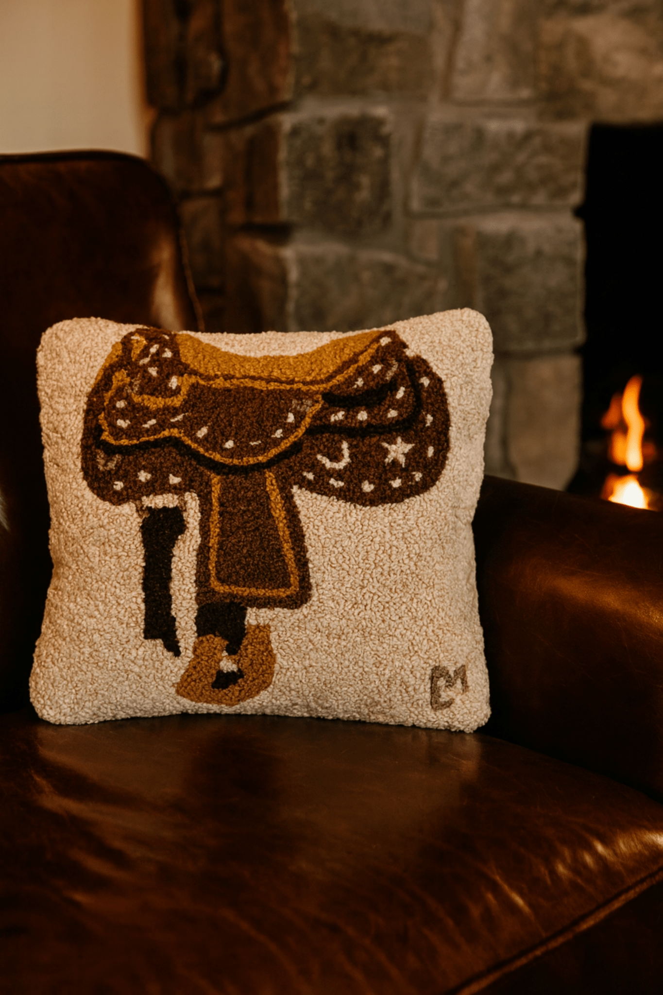 Hand - Hooked Western Saddle Wool Pillow 14x14 - Rustic Ranch Lodge Décor - Fish On! Custom Rods