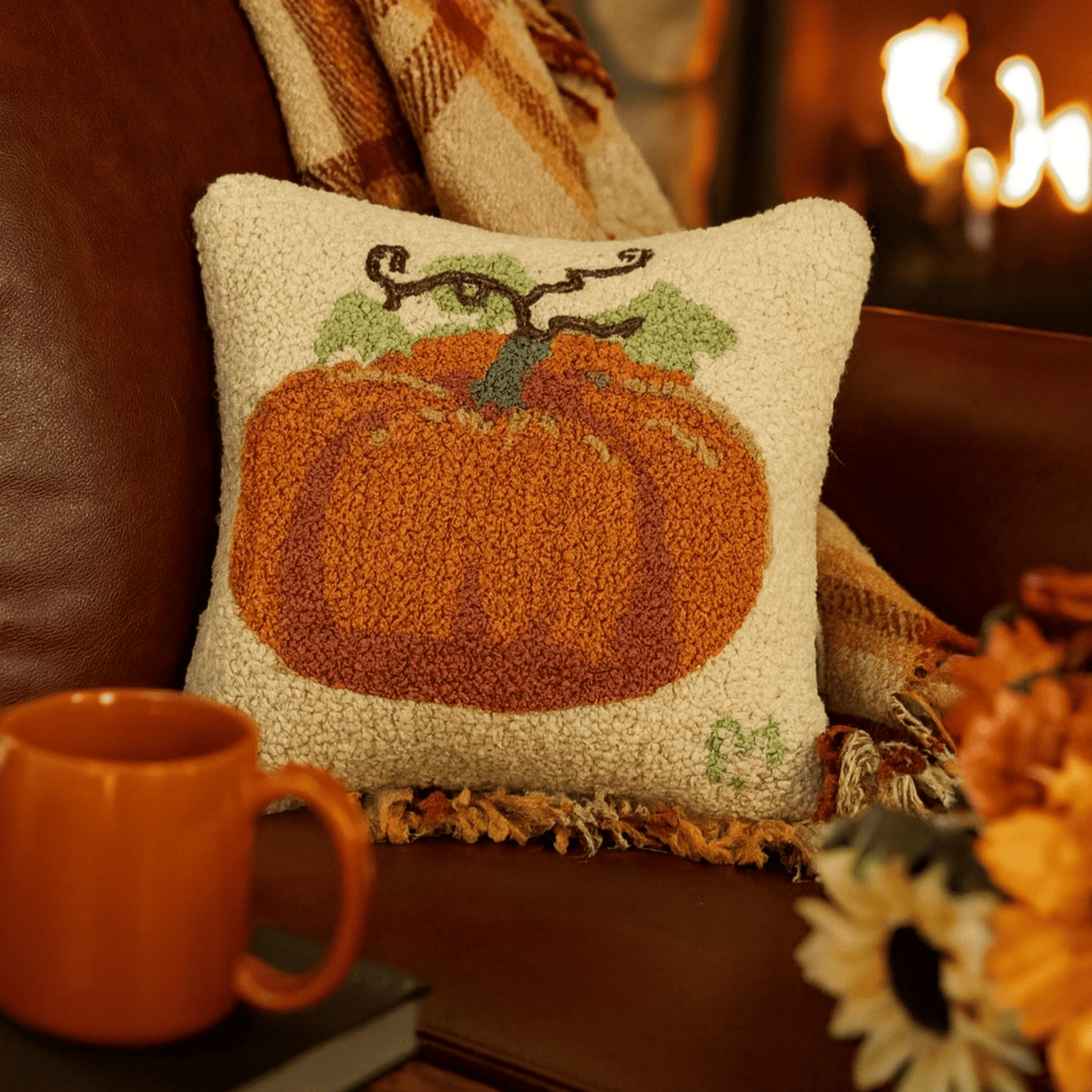 Perfect Pumpkin - 14" x 14" Hand - Hooked Wool Pillow - Fish On! Custom Rods