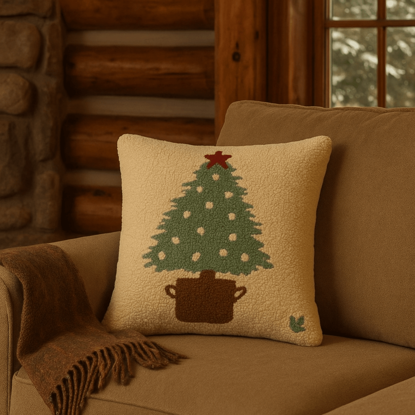 Potted Tree - Christmas Santa Holidays 18" x 18" Hand - Hooked Wool Pillow - Fish On! Custom Rods