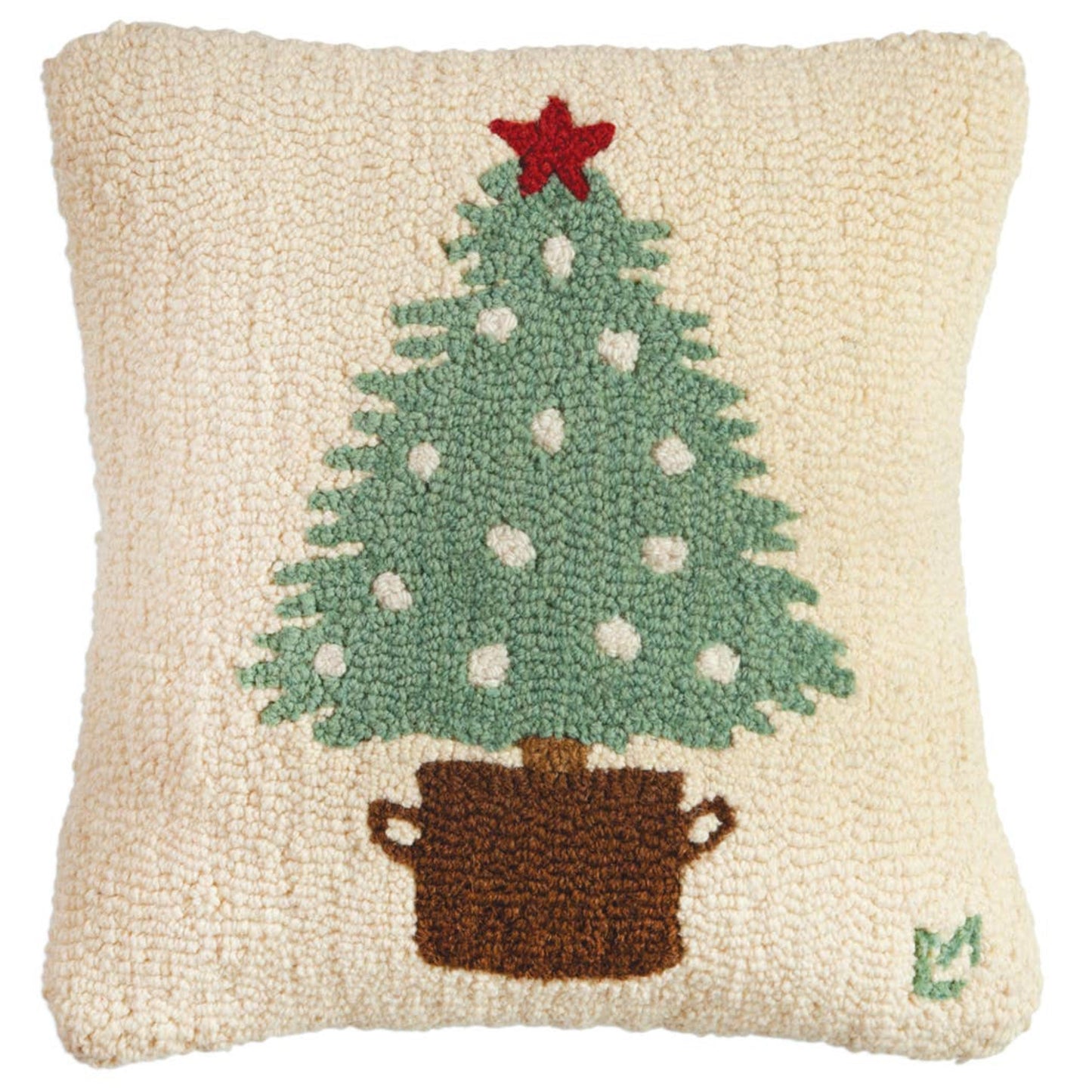Potted Tree - Christmas Santa Holidays 18" x 18" Hand - Hooked Wool Pillow - Fish On! Custom Rods