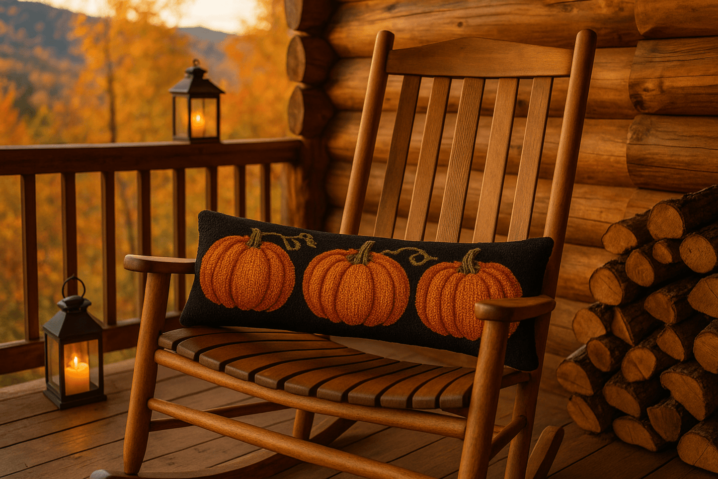 Pumpkin Patch Hand - Hooked Wool Pillow 8x24 - Fall Halloween Décor - Fish On! Custom Rods