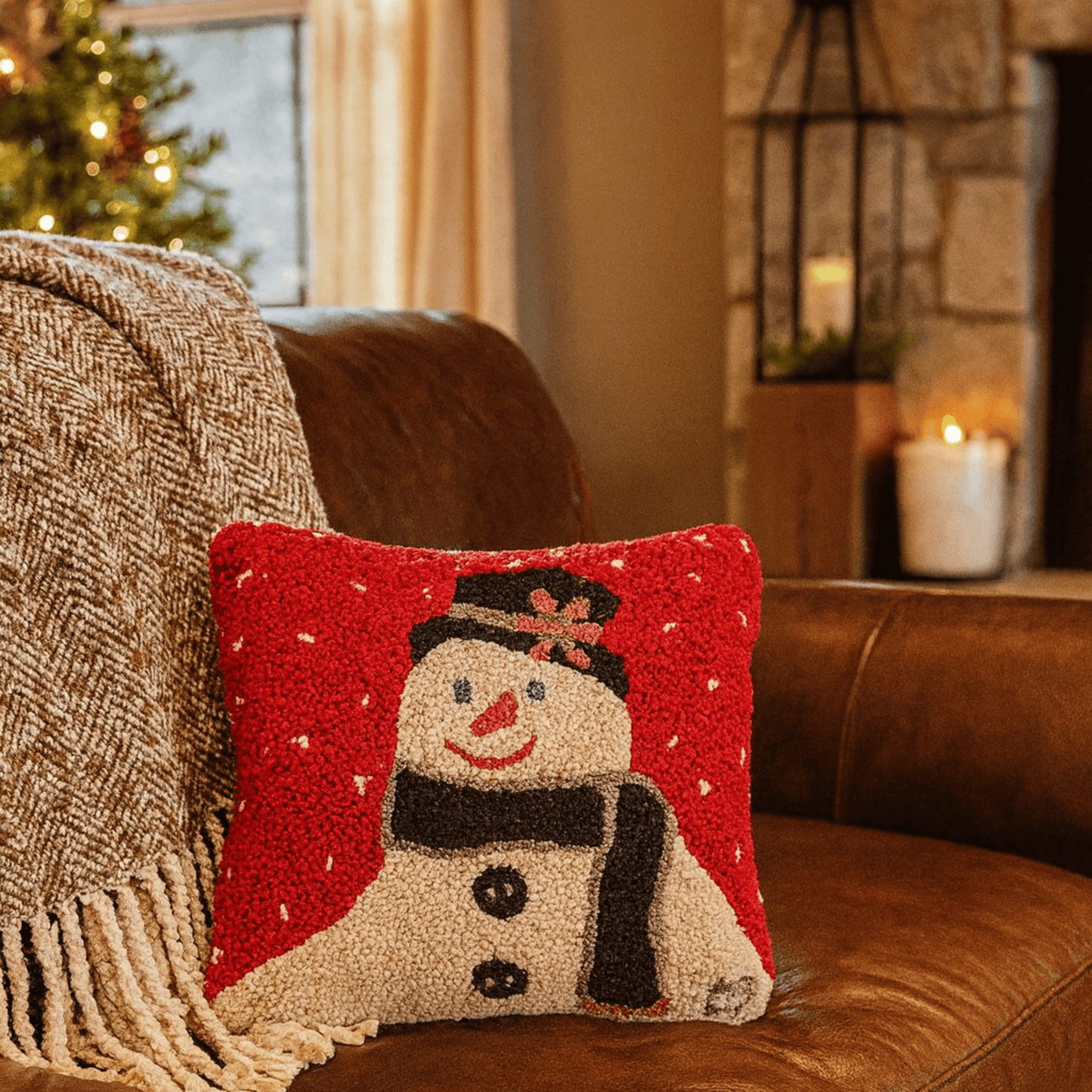 Snowflower Man Winter Charm Decorative Hand - Hooked Wool Pillow 14" X 14" - Fish On! Custom Rods