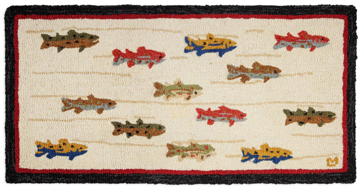 Summer Trout 2'x4' Hand - Hooked Wool Area Rug - Vermont Artist Design - Fish On! Custom Rods