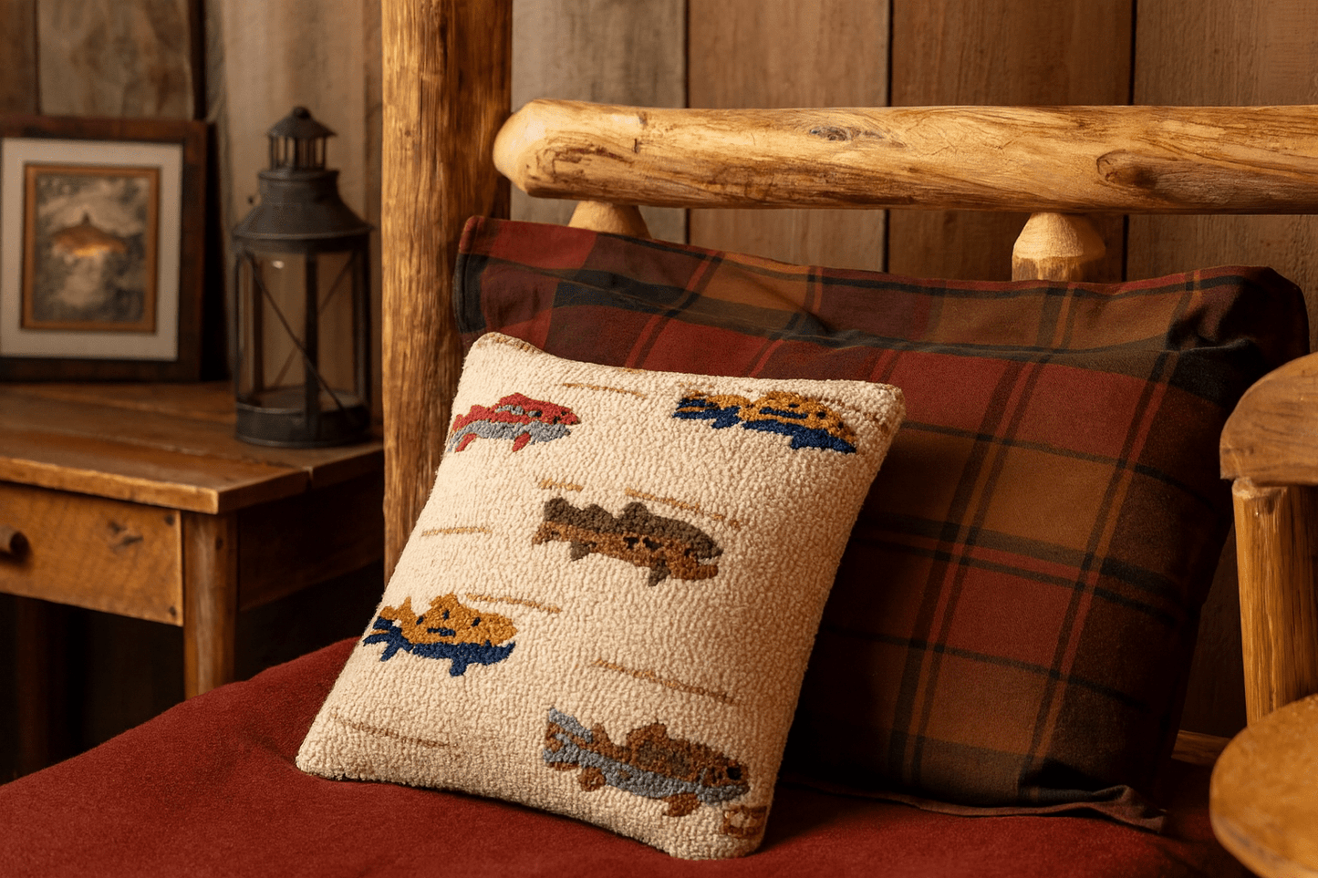 Summer Trout Hand - Hooked Wool Pillow - 18x18 - Fish On! Custom Rods