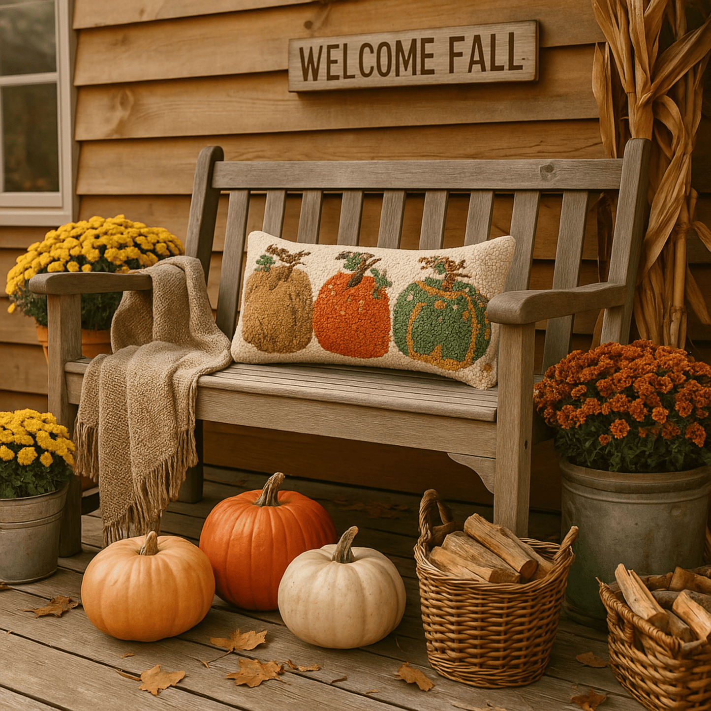 Three Pumpkin Patch - Hand - Hooked Wool Pillow 8 x 24 - Fish On! Custom Rods